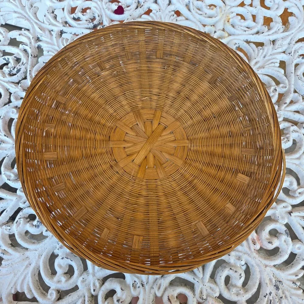 Vintage Chinese Style Sewing Basket Round Woven Wicker Rattan Lidded 10
